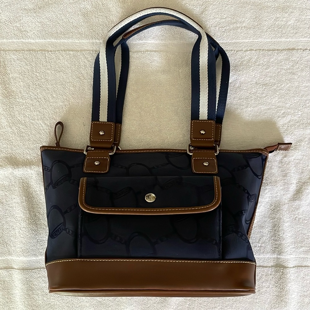 New (w/o tags) Chaps navy & brown purse with cute navy & white striped handles.